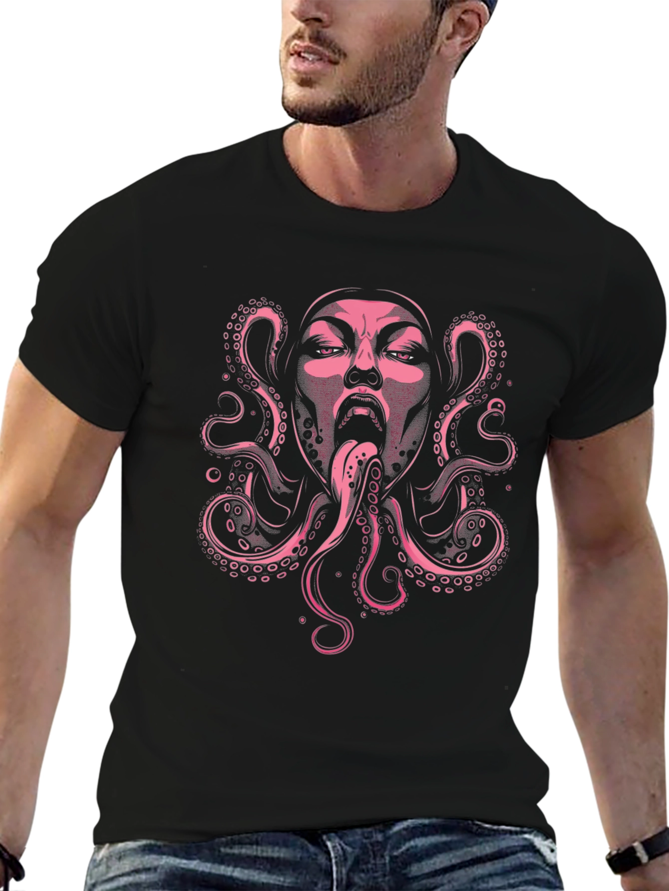 Pink Octopus Face Graphic Black T-Shirt