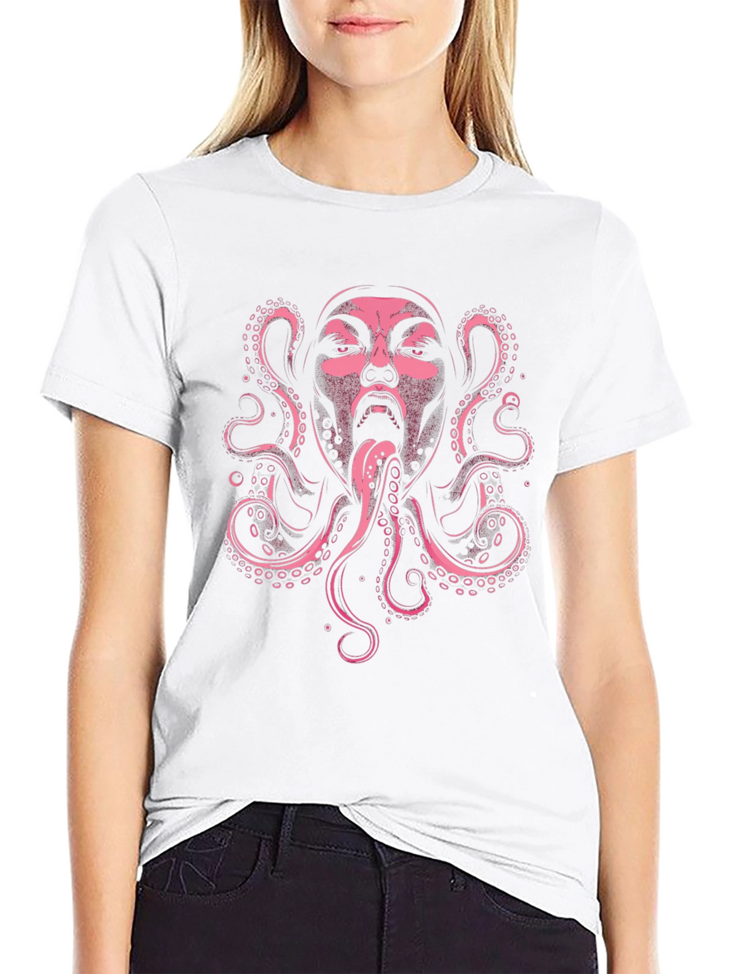 Pink Octopus Face Graphic Black T-Shirt