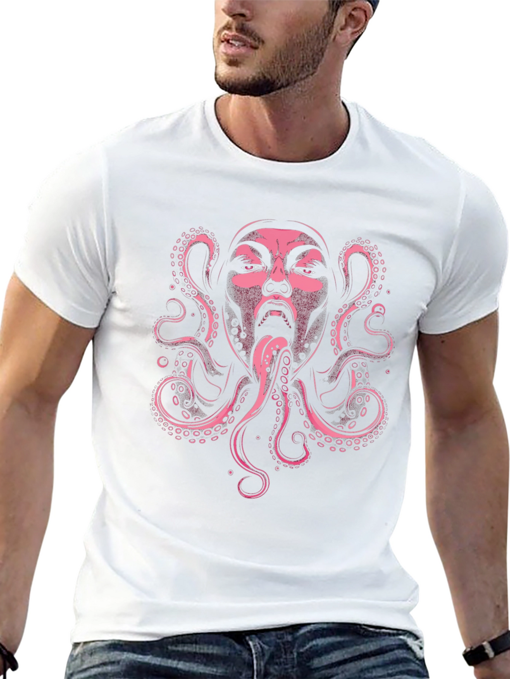 Pink Octopus Face Graphic Black T-Shirt