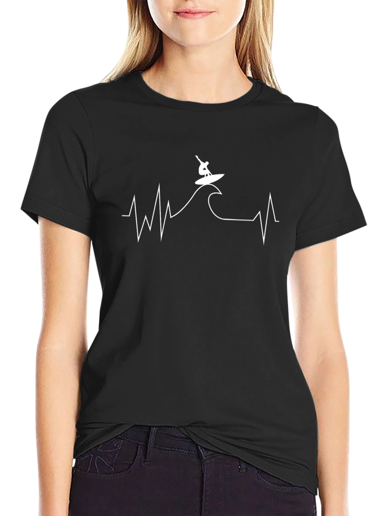 Surfer Heartbeat Graphic Tee - Black Cotton T-Shirt