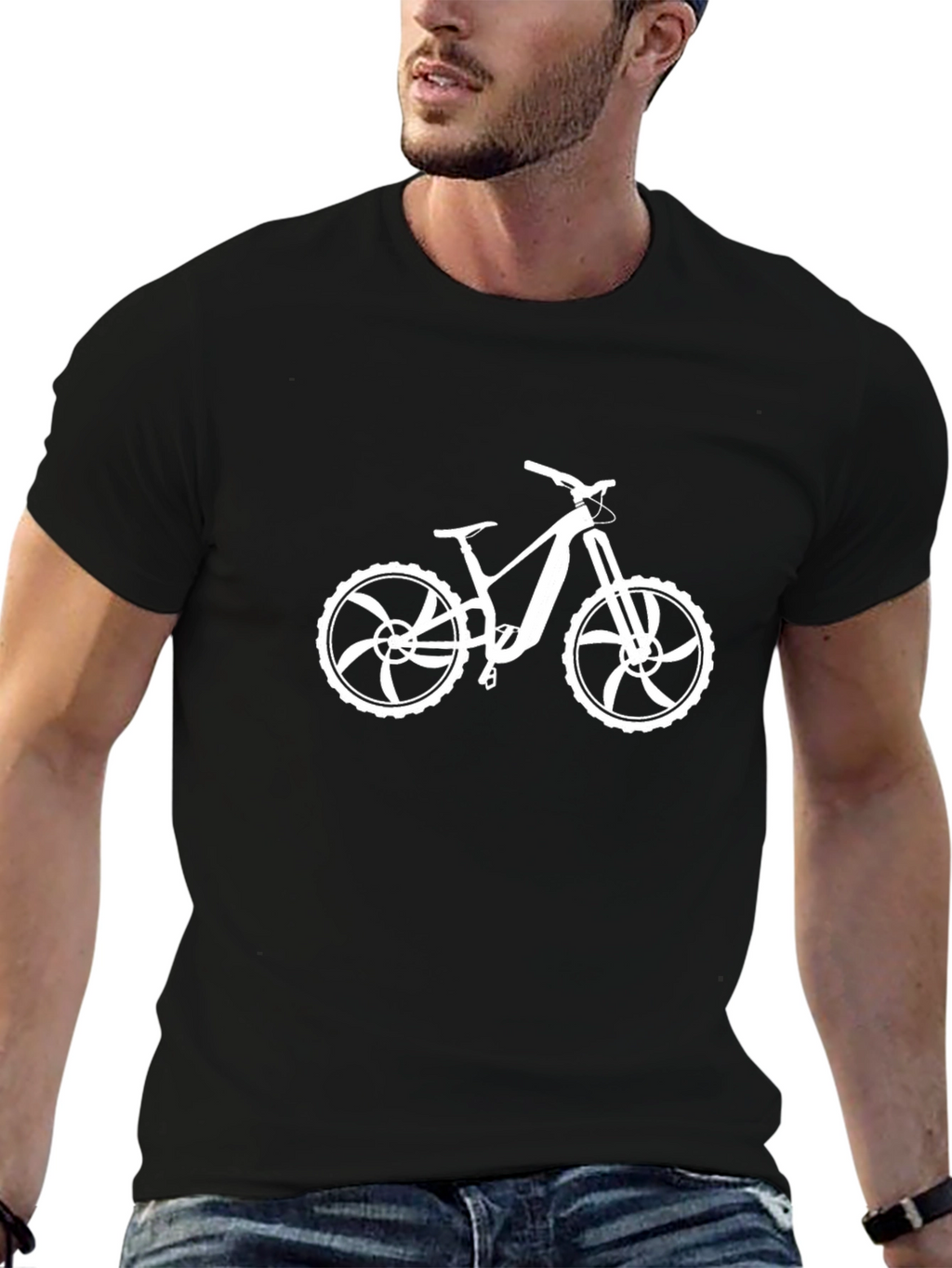 Black T-Shirt with White Mountain Bike Graphic