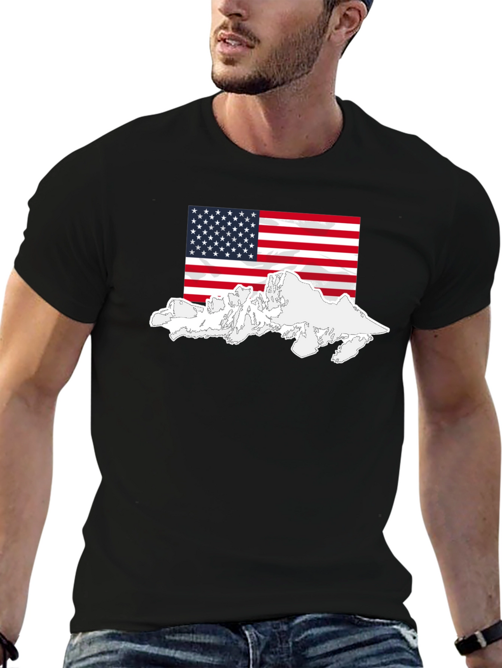 USA Flag Mountain Graphic Black T-Shirt