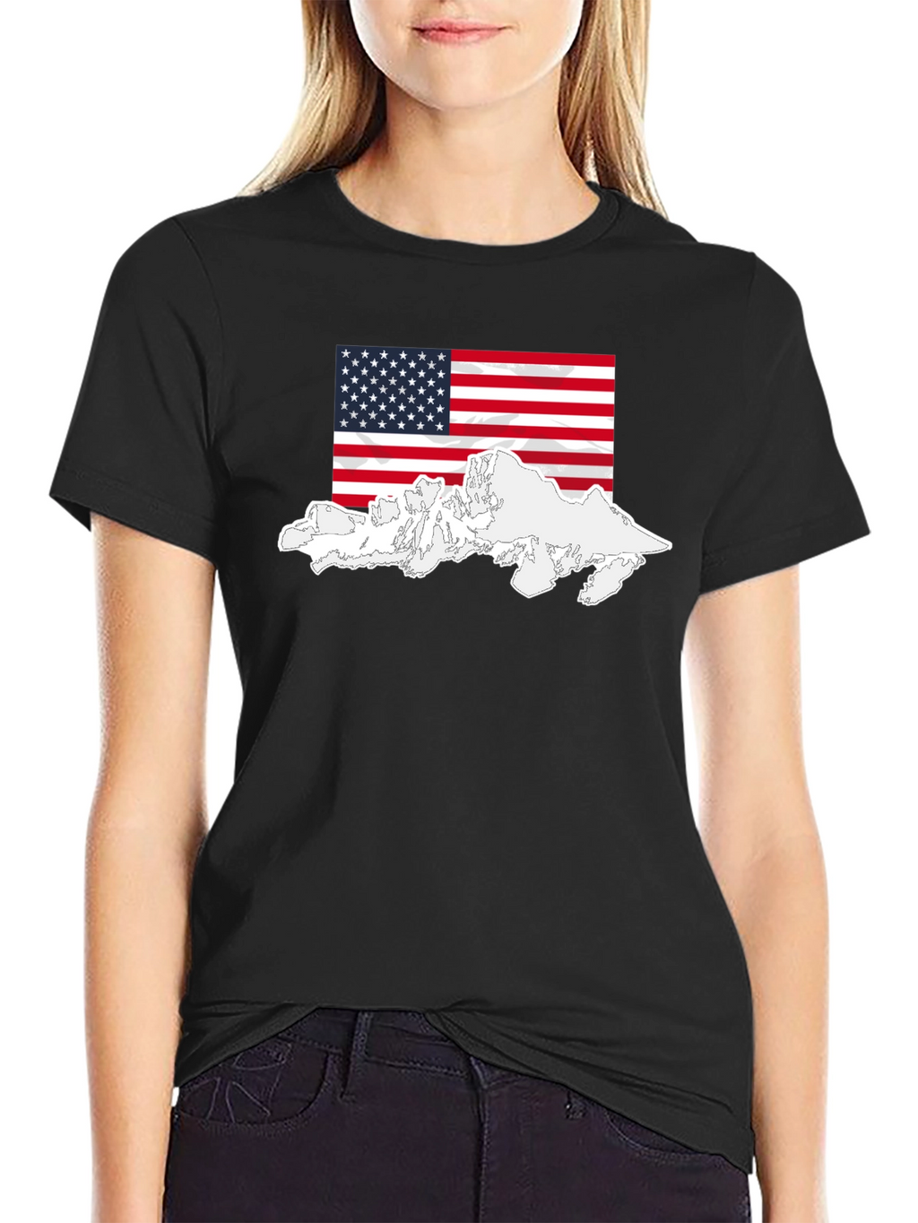 USA Flag Mountain Graphic Black T-Shirt