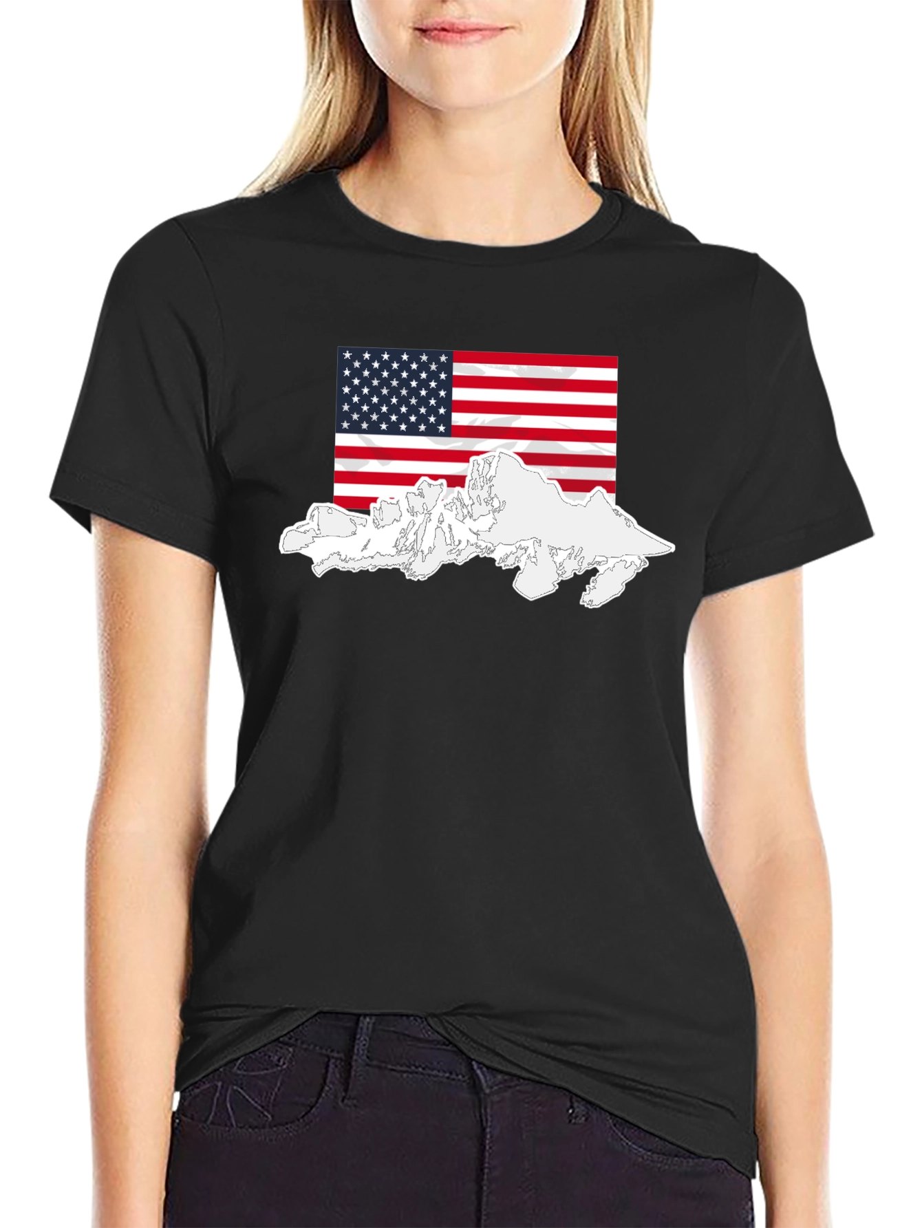 USA Flag Mountain Graphic Black T-Shirt