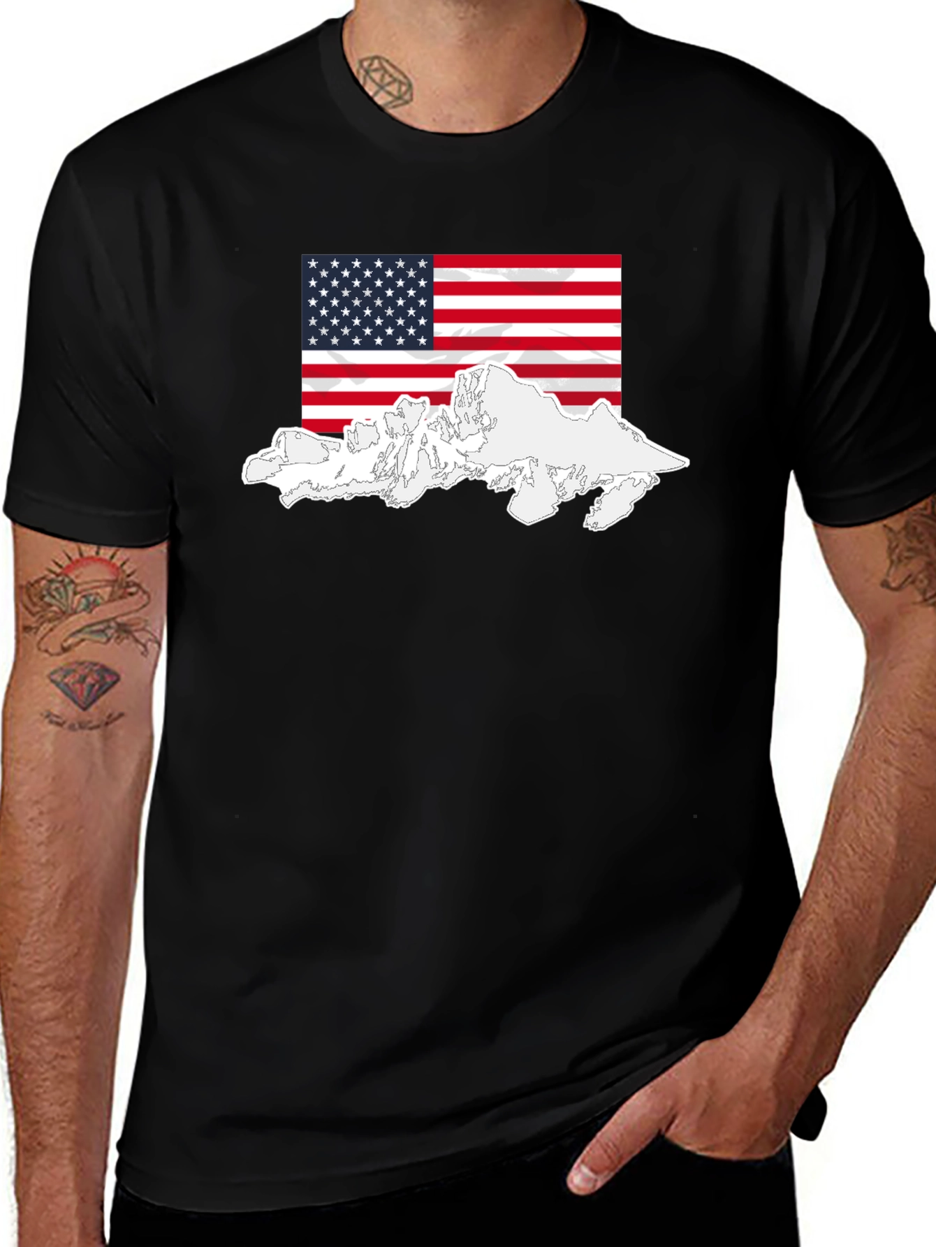 USA Flag Mountain Graphic Black T-Shirt