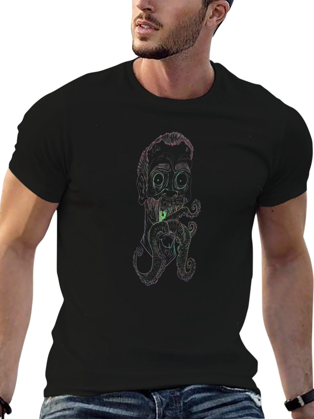 Neon Line Art Octopus Man Black T-Shirt