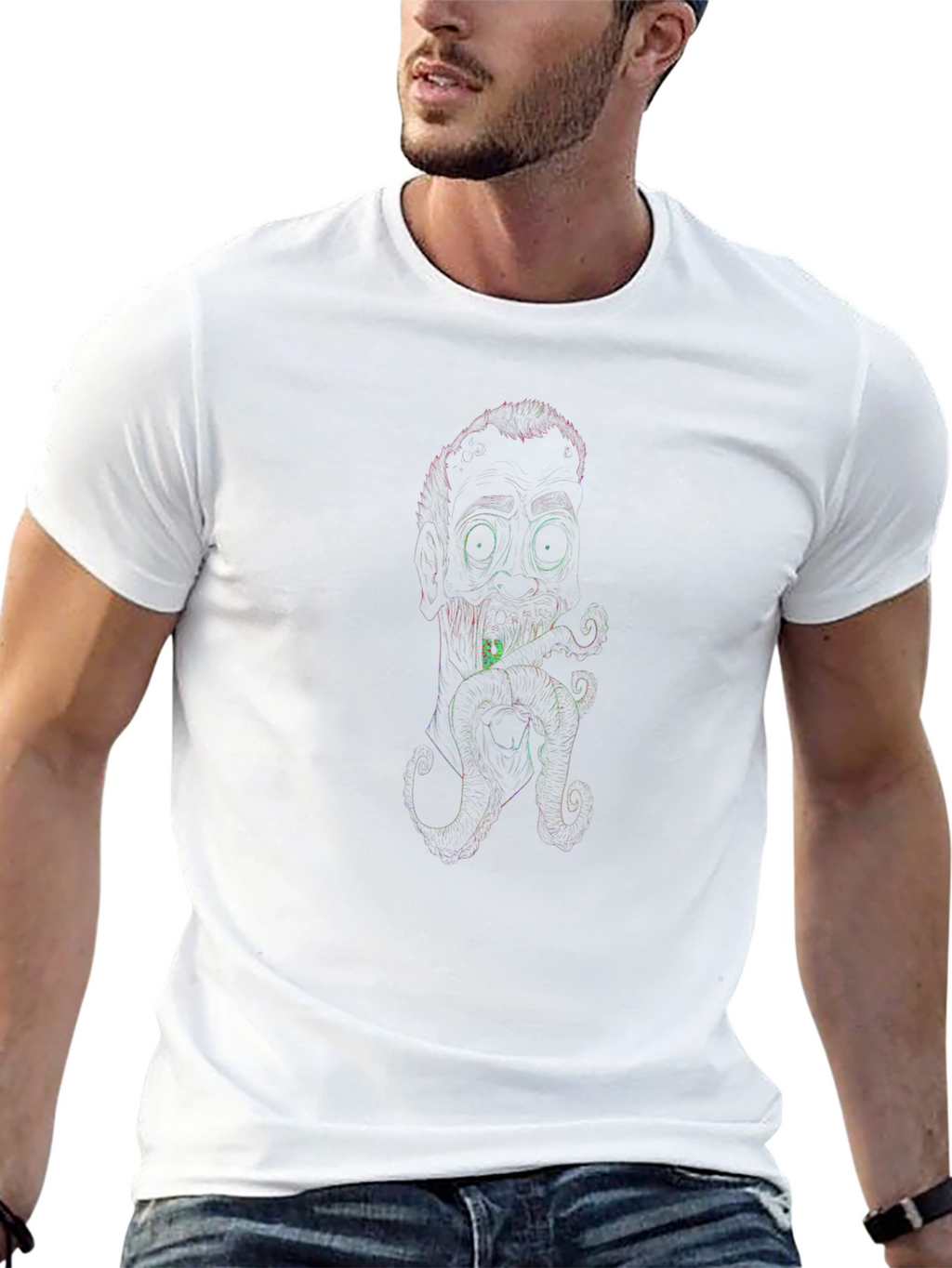 Neon Line Art Octopus Man Black T-Shirt