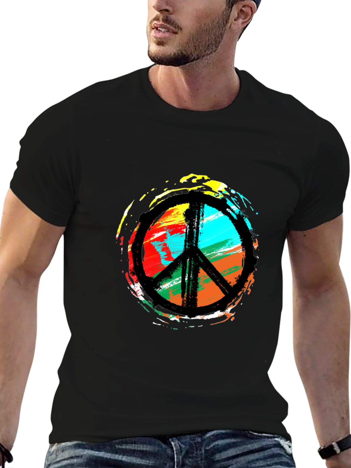 Peace Sign Black T-Shirt - Colorful Hippie Design