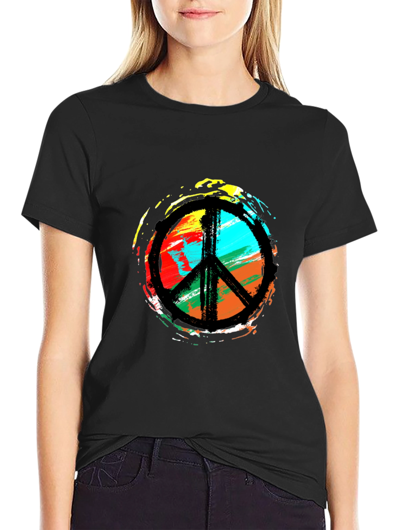 Peace Sign Black T-Shirt - Colorful Hippie Design