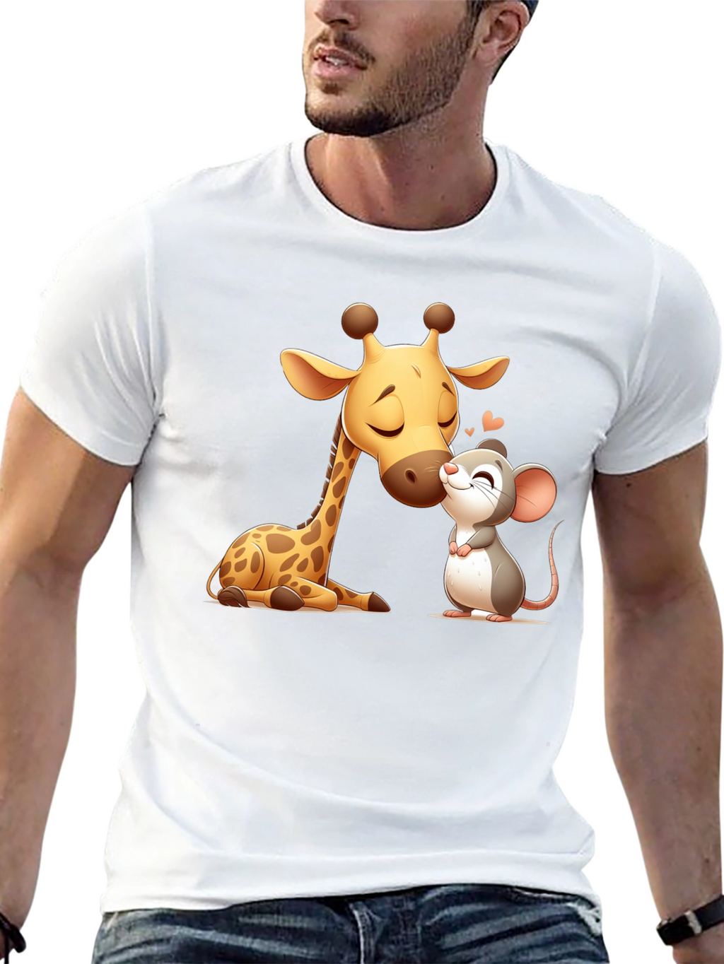 Cute Giraffe and Mouse Black T-Shirt