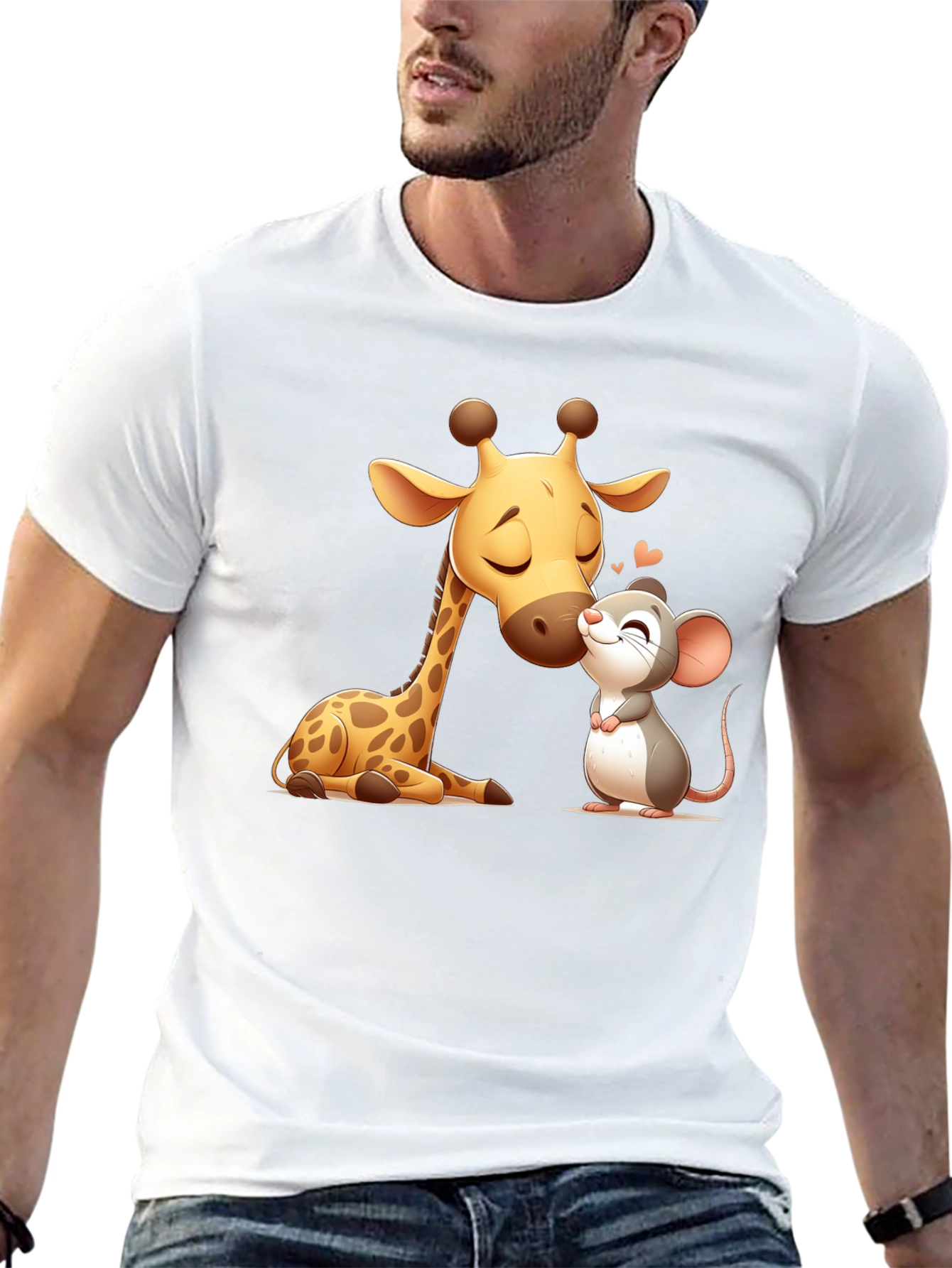 Cute Giraffe and Mouse Black T-Shirt