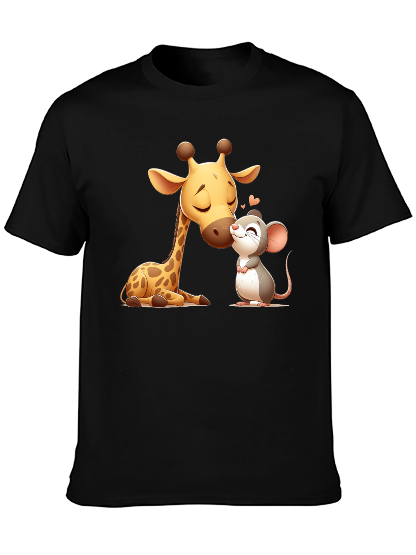 Cute Giraffe and Mouse Black T-Shirt