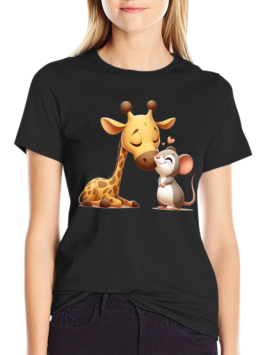 Cute Giraffe and Mouse Black T-Shirt