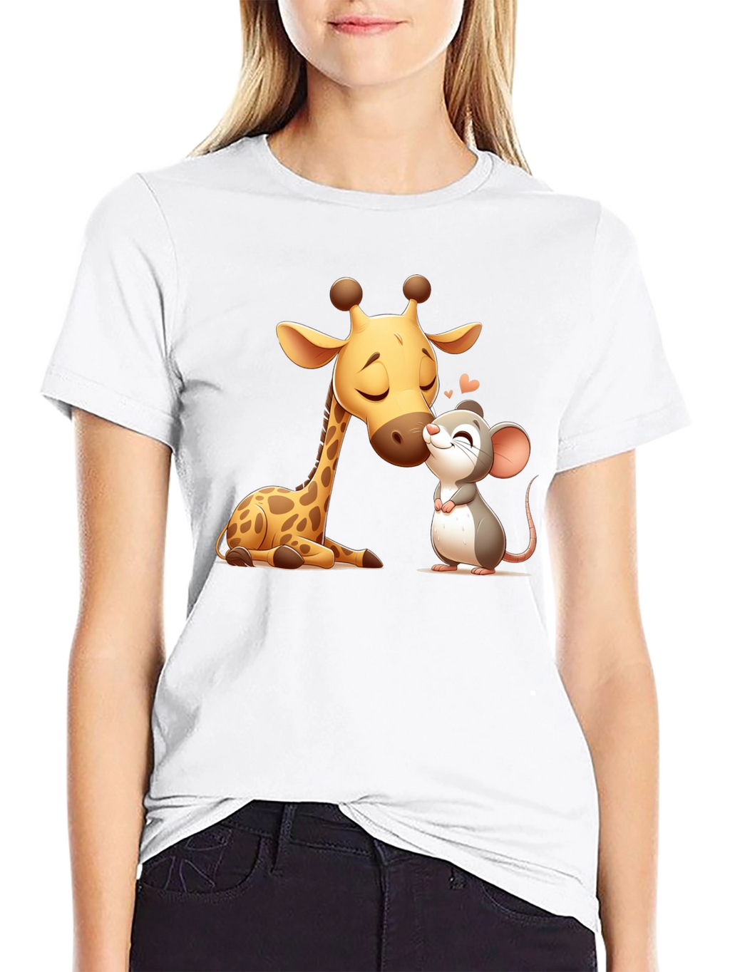 Cute Giraffe and Mouse Black T-Shirt