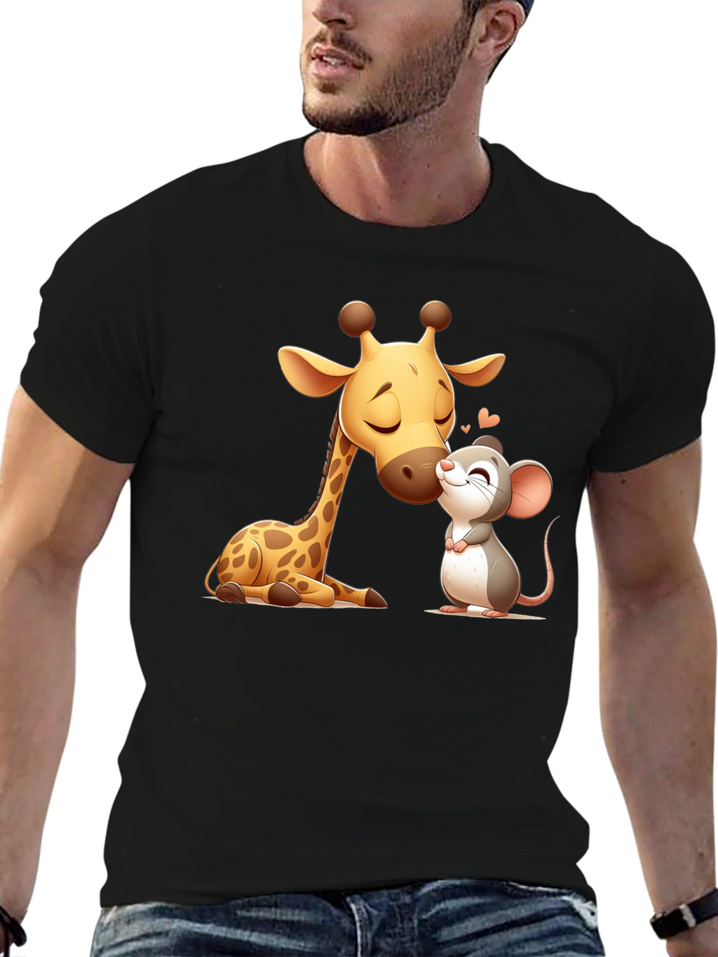 Cute Giraffe and Mouse Black T-Shirt