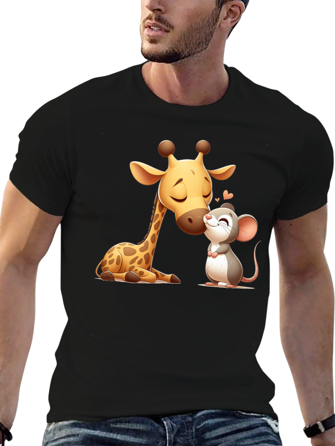 Cute Giraffe and Mouse Black T-Shirt