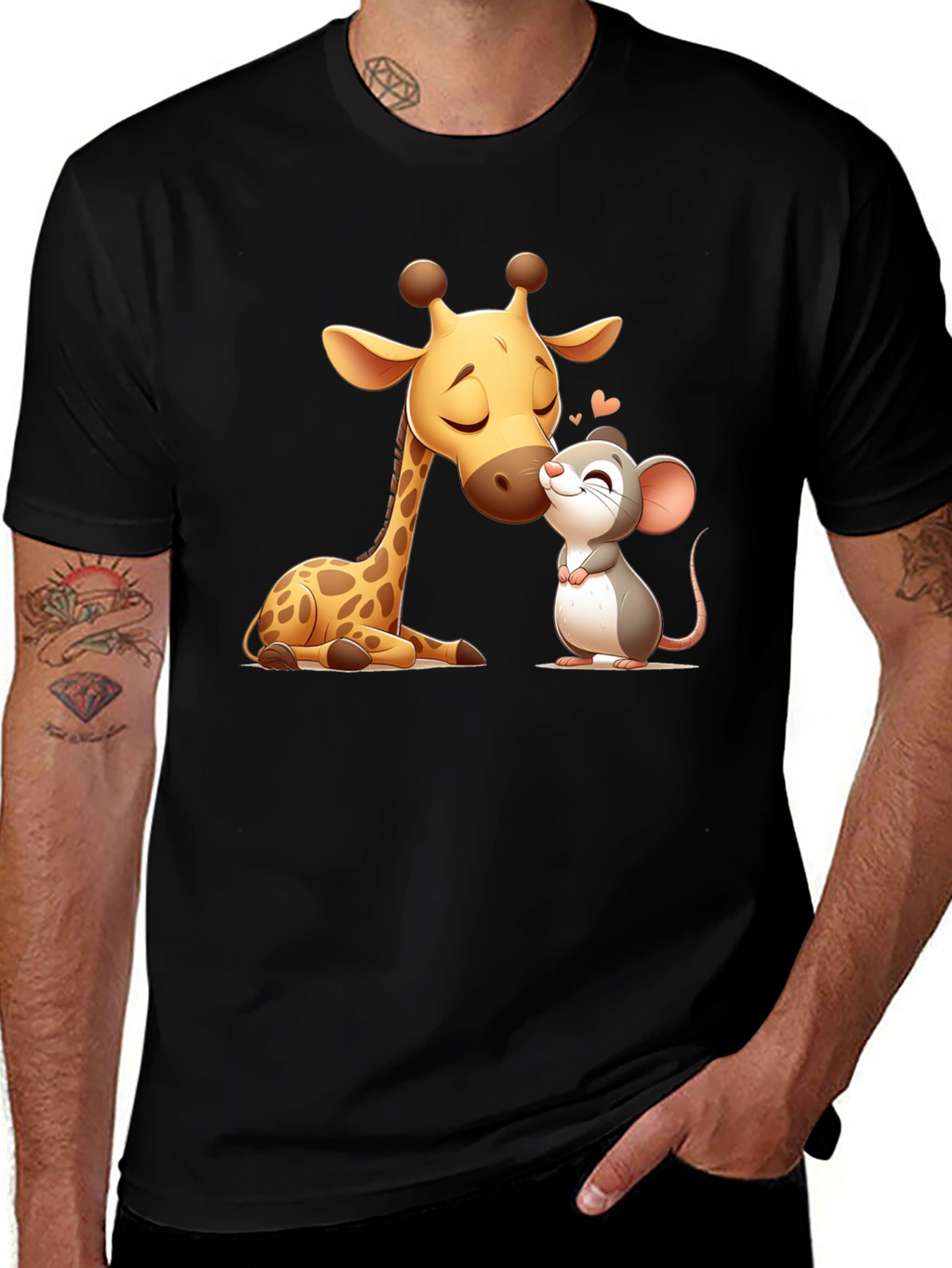Cute Giraffe and Mouse Black T-Shirt
