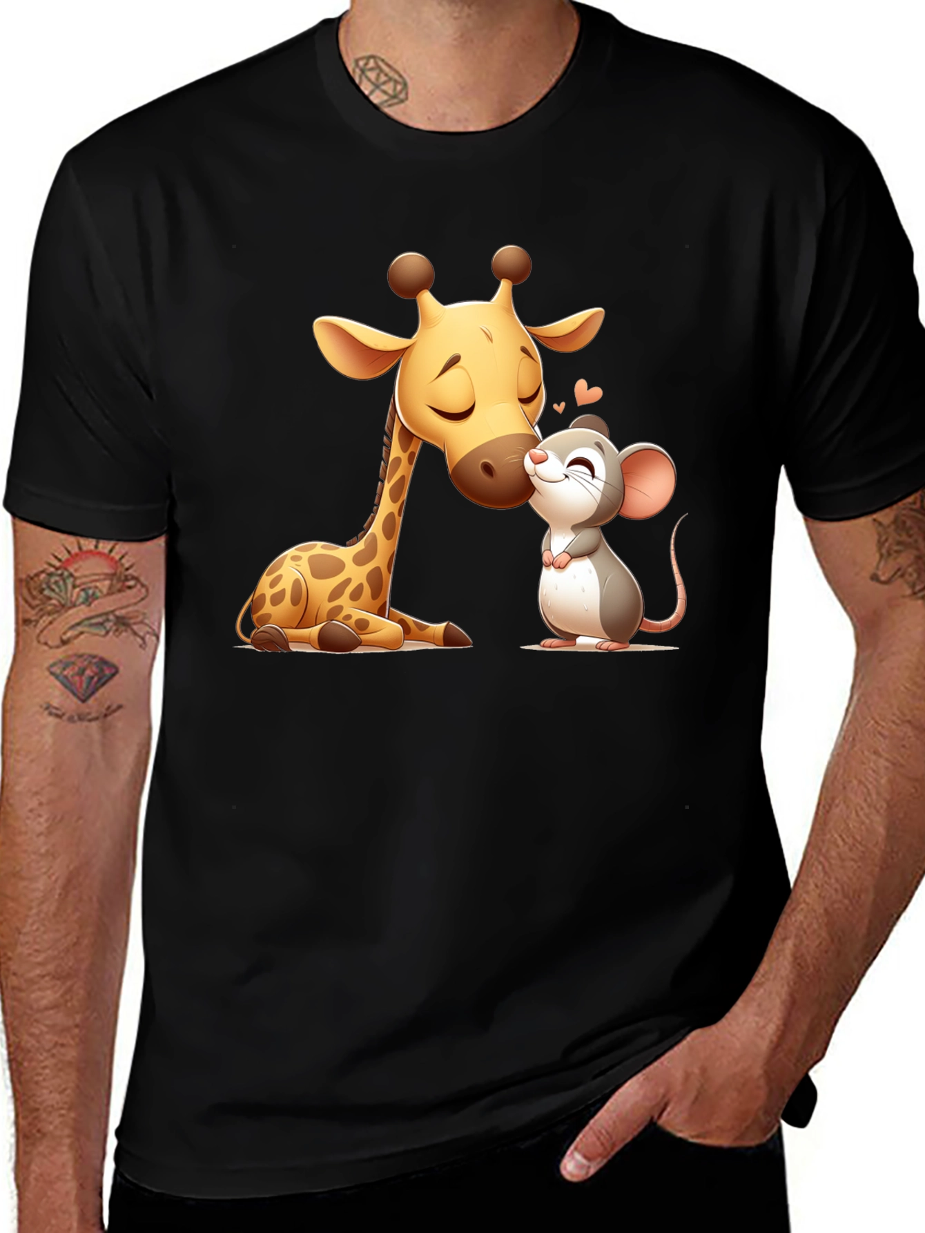 Cute Giraffe and Mouse Black T-Shirt