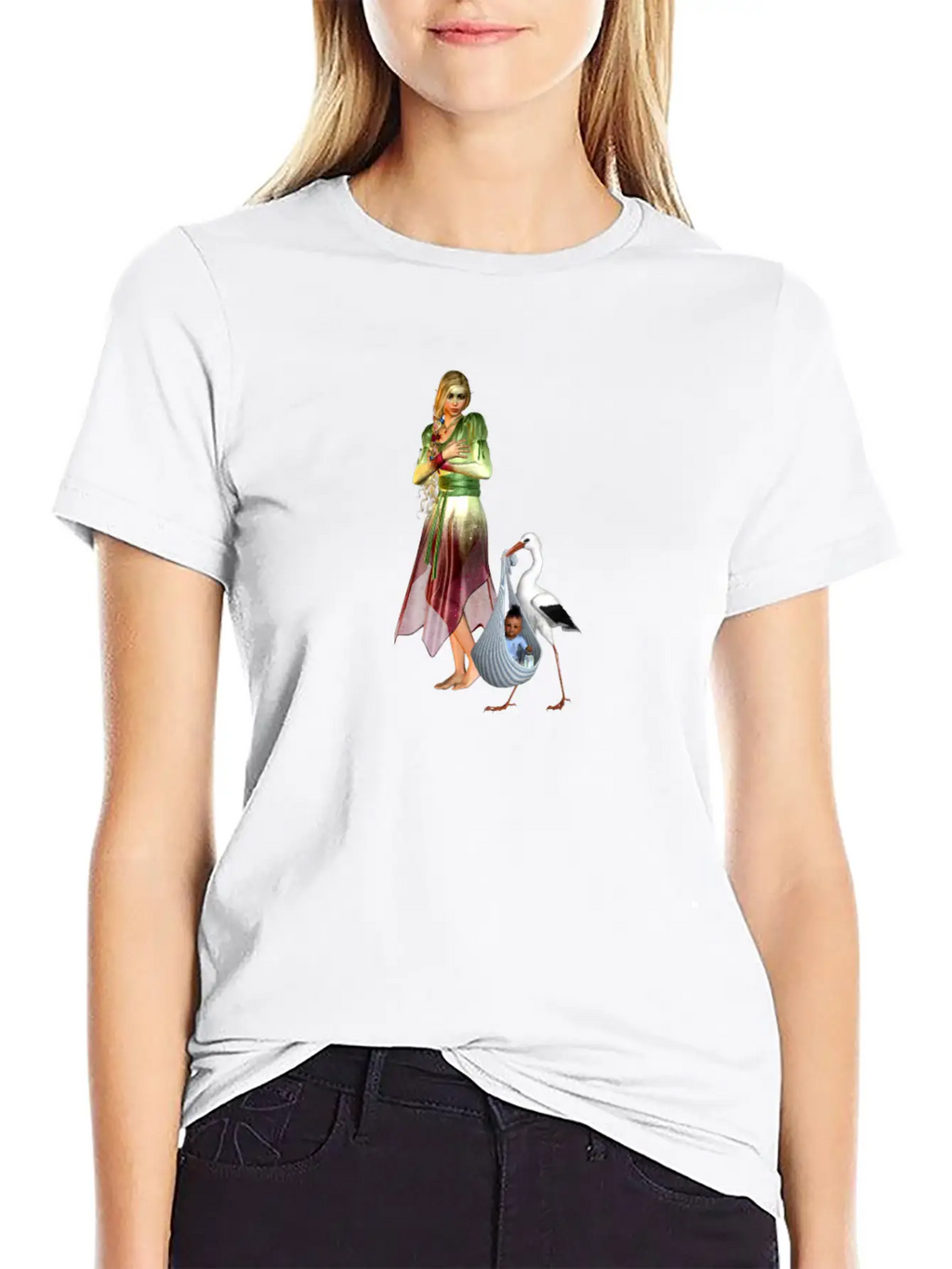 Fairy Recieving Baby Via Stork Casual Graphic T-Shirt – Simple And Comfortable Daily Wear