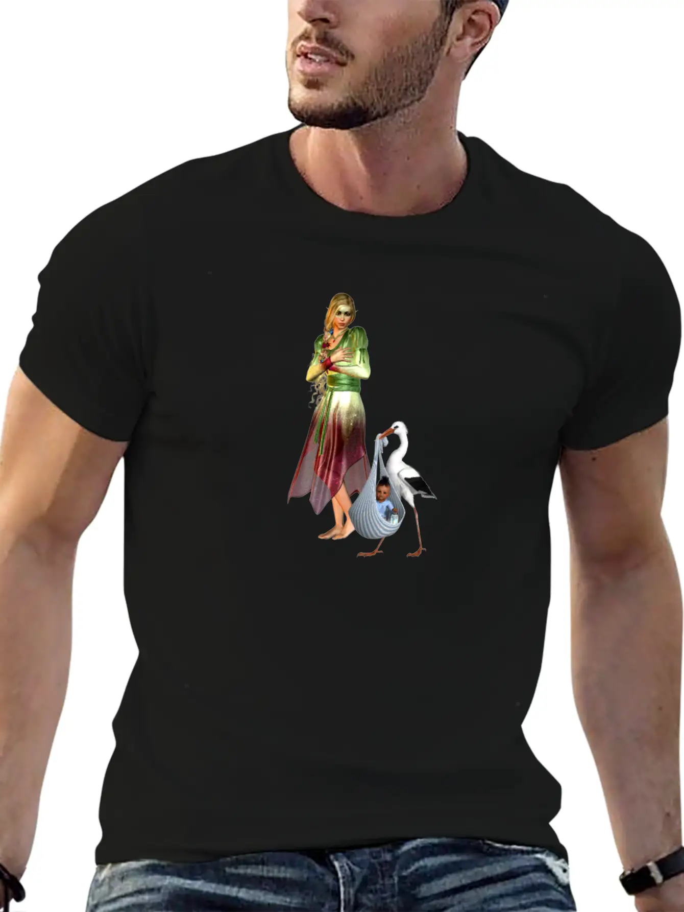 Fairy Recieving Baby Via Stork Casual Graphic T-Shirt – Simple And Comfortable Daily Wear