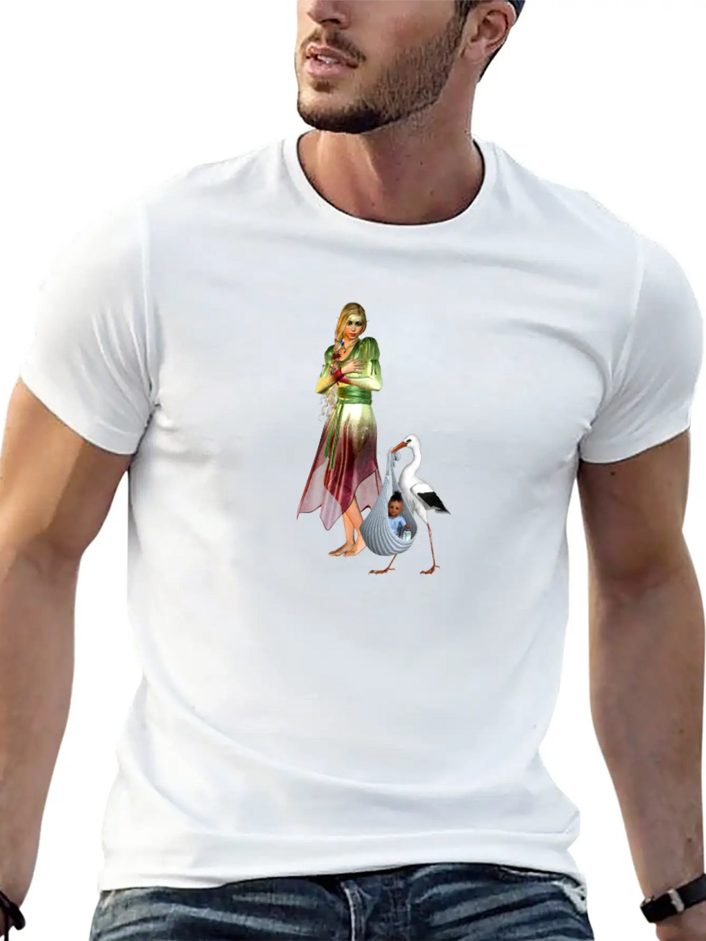 Fairy Recieving Baby Via Stork Casual Graphic T-Shirt – Simple And Comfortable Daily Wear