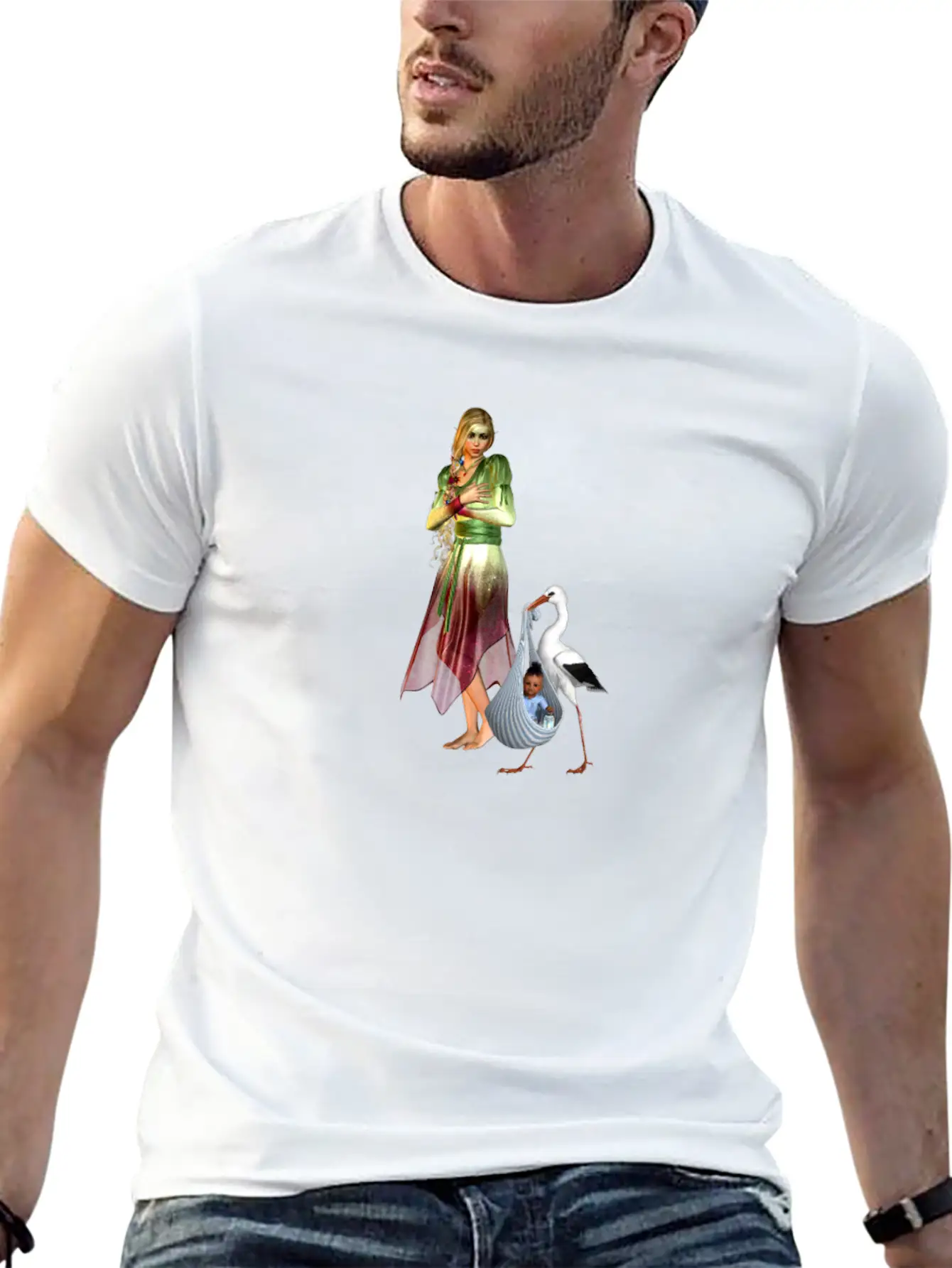 Fairy Recieving Baby Via Stork Casual Graphic T-Shirt – Simple And Comfortable Daily Wear