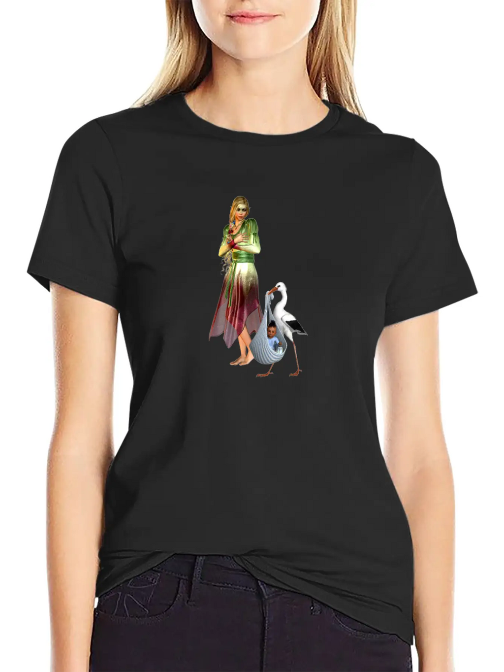 Fairy Recieving Baby Via Stork Casual Graphic T-Shirt – Simple And Comfortable Daily Wear