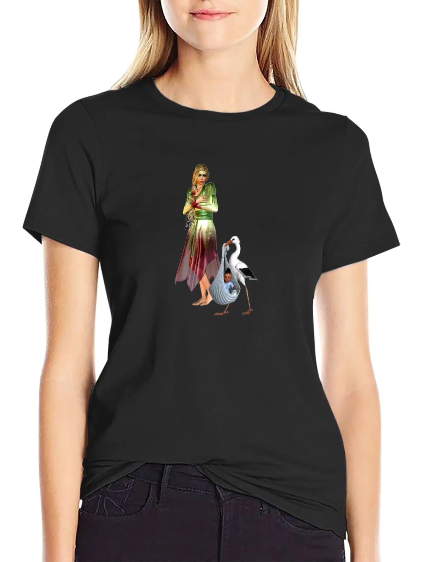 Fairy Recieving Baby Via Stork Casual Graphic T-Shirt – Simple And Comfortable Daily Wear