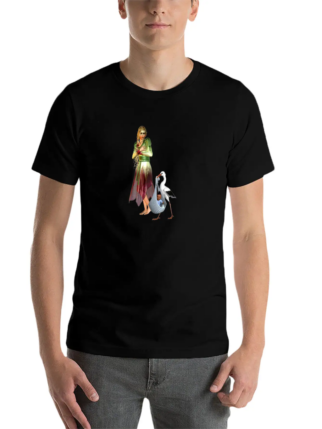Fairy Recieving Baby Via Stork Casual Graphic T-Shirt – Simple And Comfortable Daily Wear