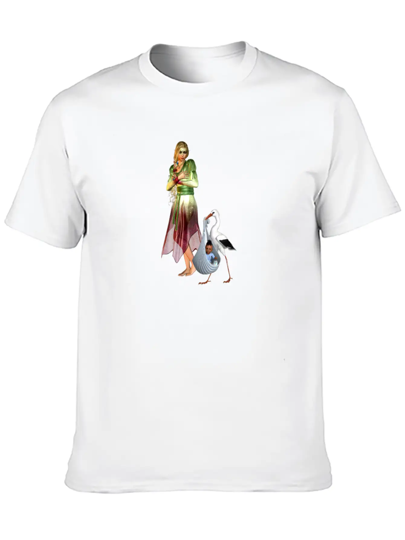 Fairy Recieving Baby Via Stork Casual Graphic T-Shirt – Simple And Comfortable Daily Wear