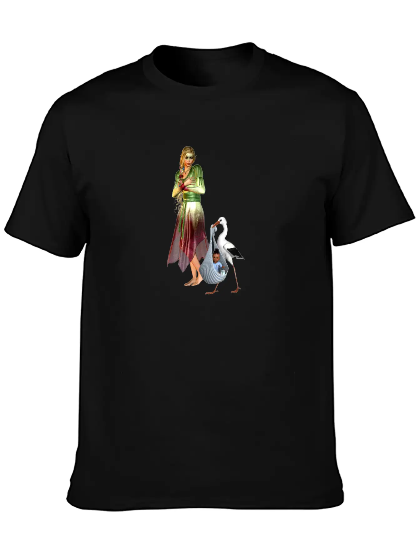 Fairy Recieving Baby Via Stork Casual Graphic T-Shirt – Simple And Comfortable Daily Wear