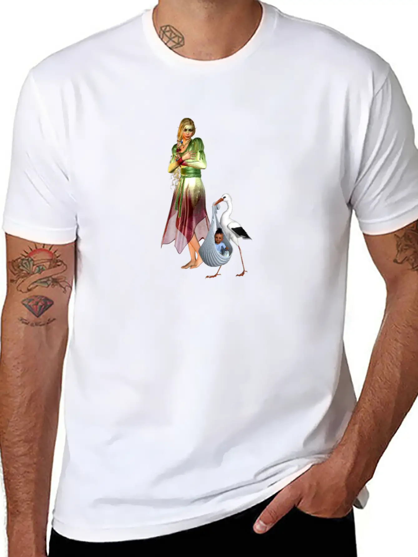 Fairy Recieving Baby Via Stork Casual Graphic T-Shirt – Simple And Comfortable Daily Wear