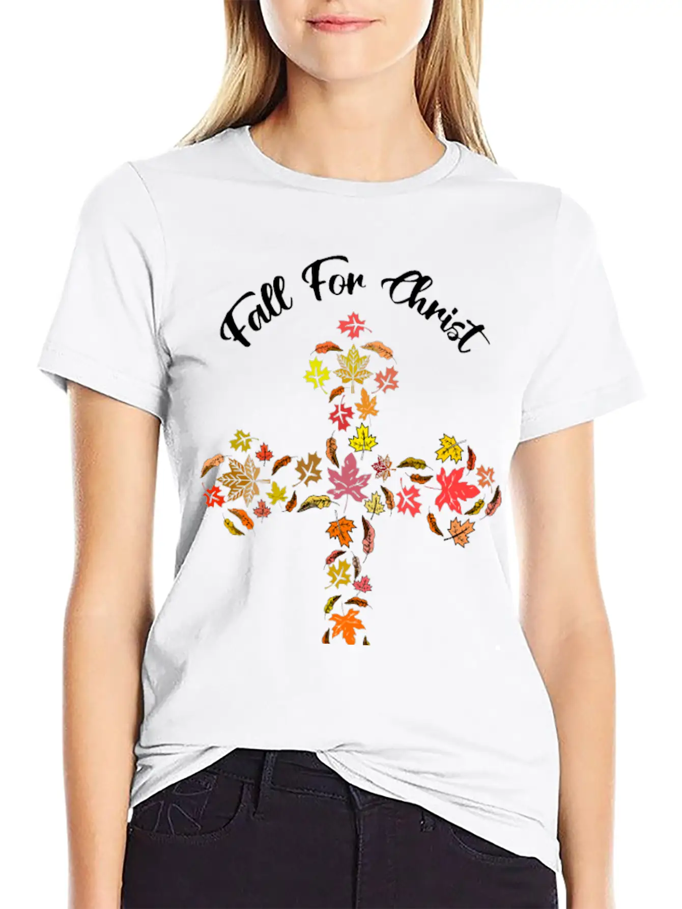 Fall For Christ He Never Leaves Autumn Leaf Mosaic Breathable Soft Cotton T-Shirt – Timeless Casual Look
