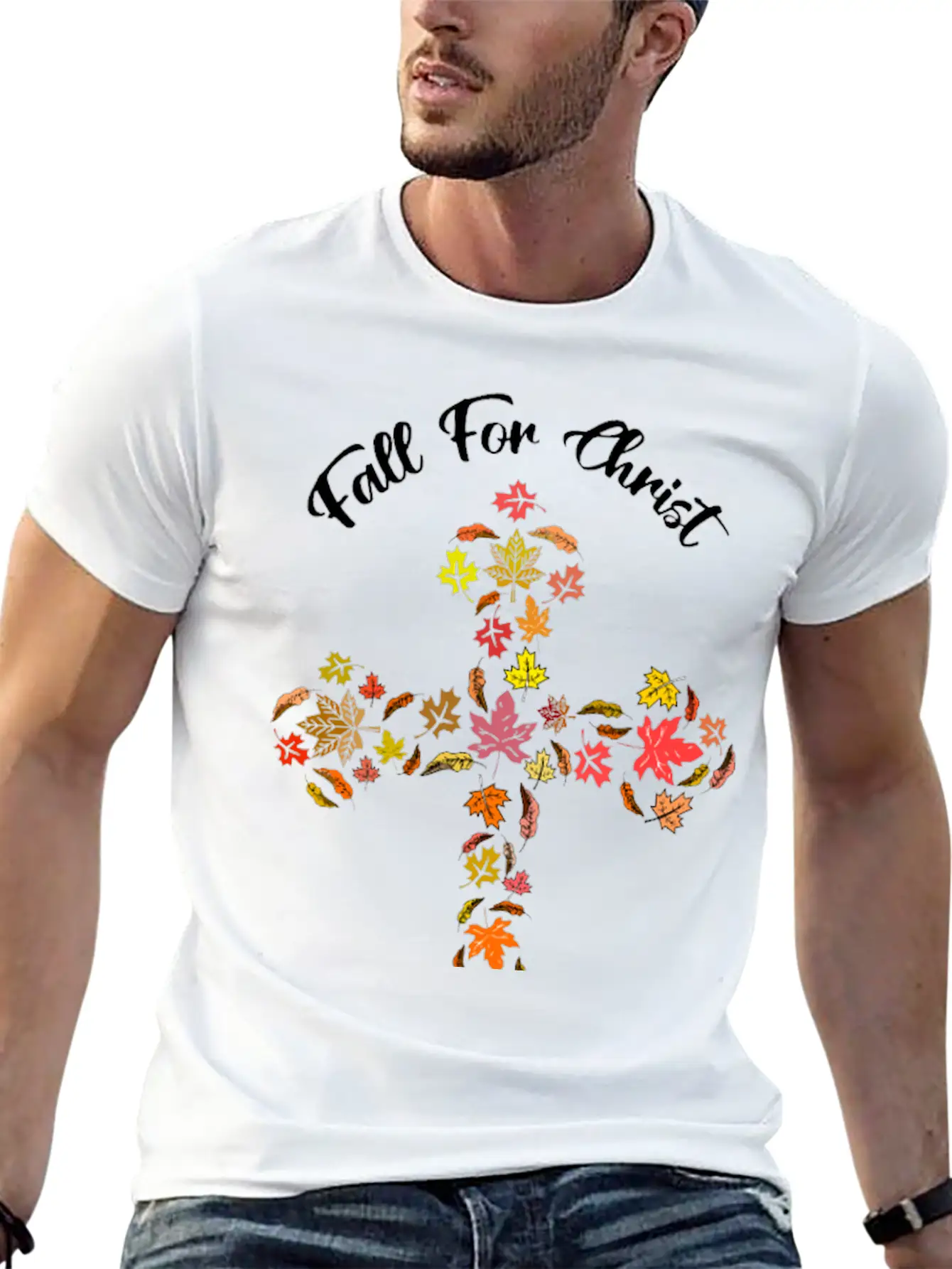 Fall For Christ He Never Leaves Autumn Leaf Mosaic Breathable Soft Cotton T-Shirt – Timeless Casual Look