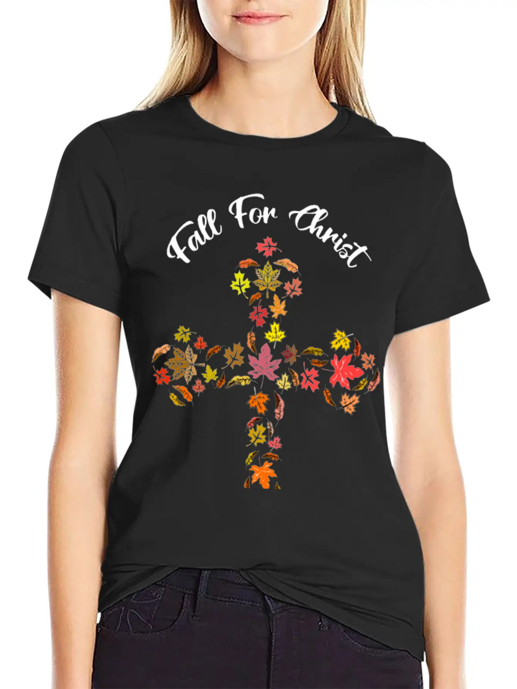 Fall For Christ He Never Leaves Autumn Leaf Mosaic Breathable Soft Cotton T-Shirt – Timeless Casual Look