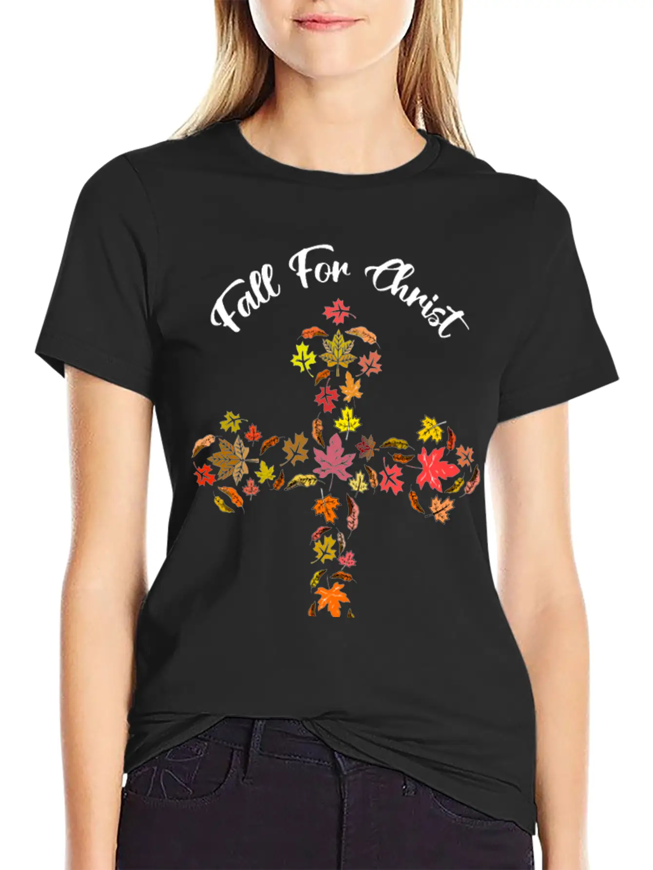 Fall For Christ He Never Leaves Autumn Leaf Mosaic Breathable Soft Cotton T-Shirt – Timeless Casual Look
