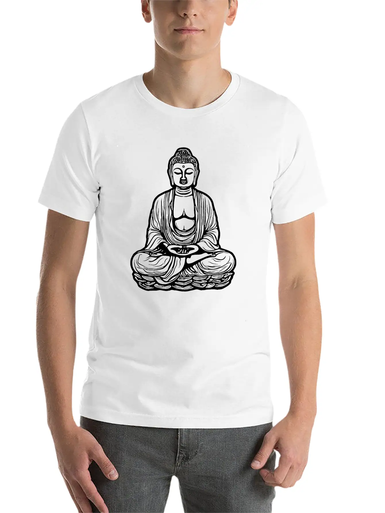 Far Eastern Buddha Lotus Meditation Tattoo Style Unisex Short Sleeve Soft Cotton T-Shirt – Casual Everyday Wear
