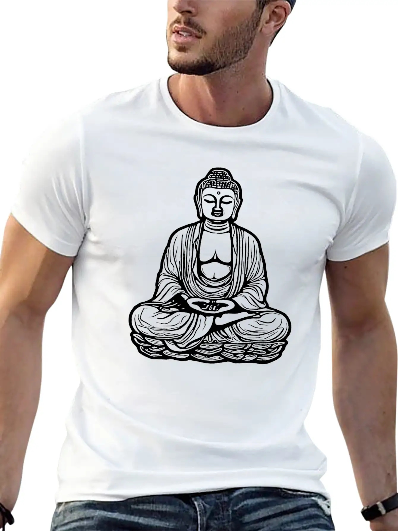 Far Eastern Buddha Lotus Meditation Tattoo Style Unisex Short Sleeve Soft Cotton T-Shirt – Casual Everyday Wear