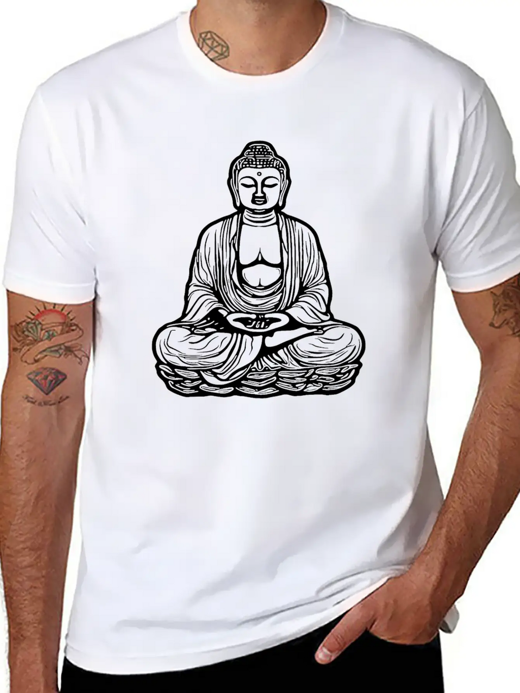 Far Eastern Buddha Lotus Meditation Tattoo Style Unisex Short Sleeve Soft Cotton T-Shirt – Casual Everyday Wear