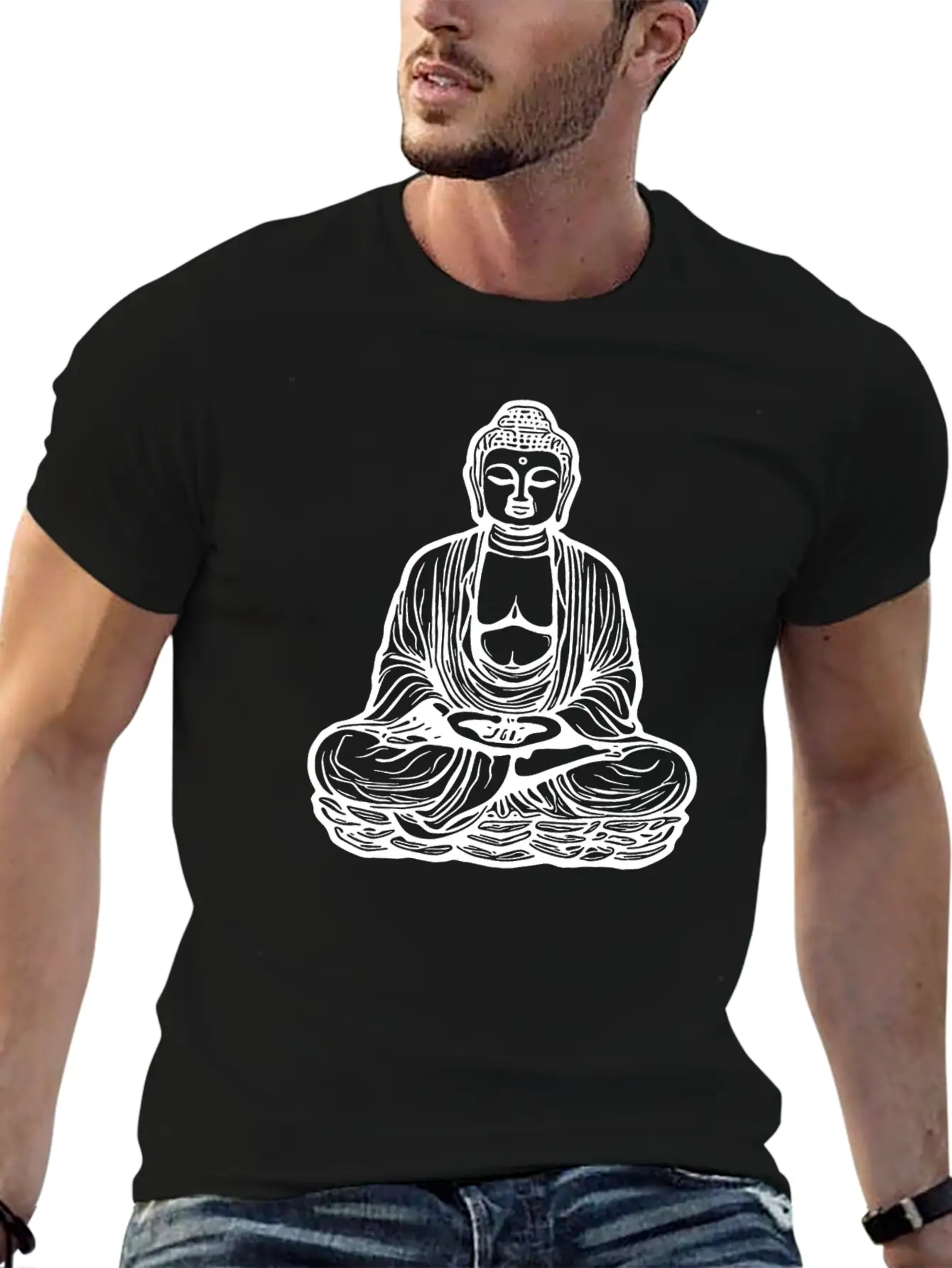 Far Eastern Buddha Lotus Meditation Tattoo Style Unisex Short Sleeve Soft Cotton T-Shirt – Casual Everyday Wear