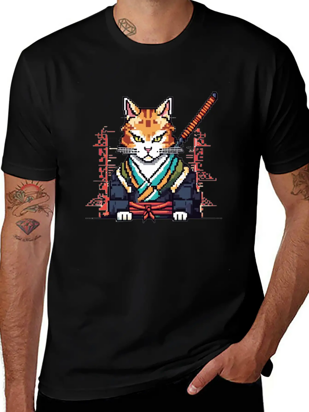 Feline Samurai Pixel Art Unisex Casual T-Shirt – Clean Design For Daily Comfort
