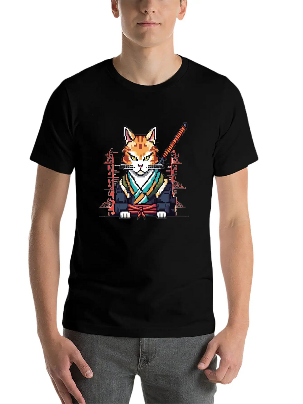 Feline Samurai Pixel Art Unisex Casual T-Shirt – Clean Design For Daily Comfort