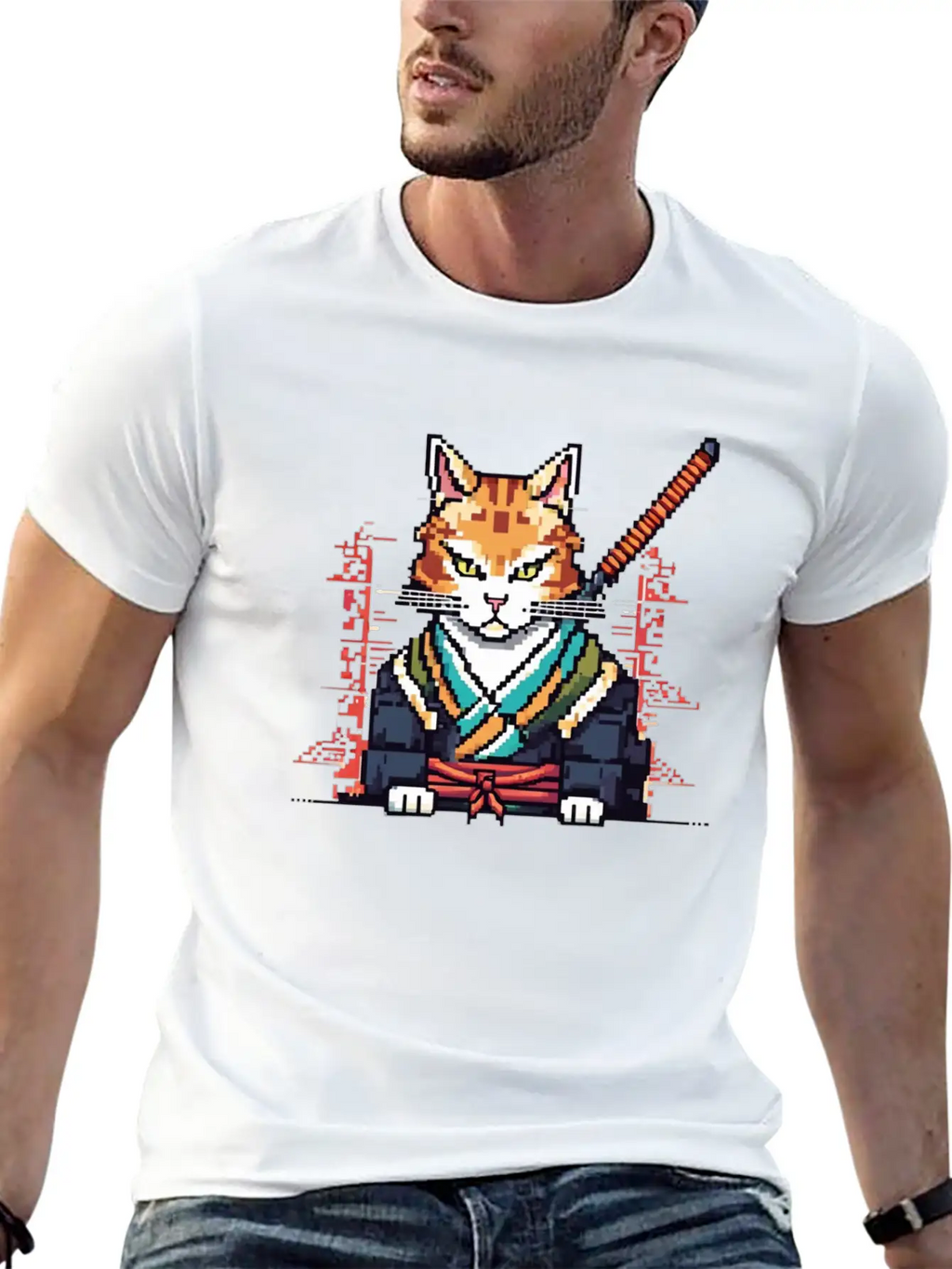 Feline Samurai Pixel Art Unisex Casual T-Shirt – Clean Design For Daily Comfort