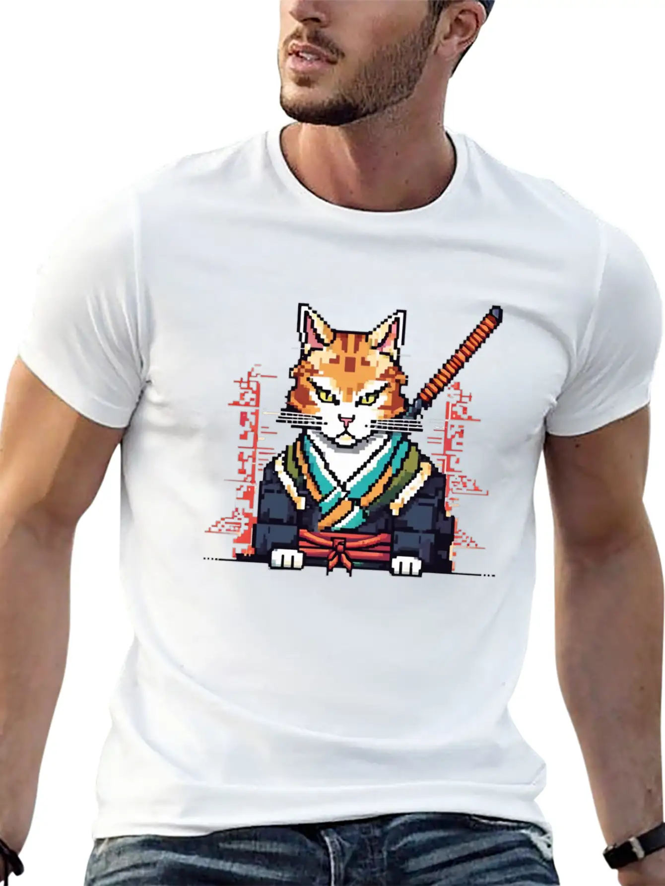 Feline Samurai Pixel Art Unisex Casual T-Shirt – Clean Design For Daily Comfort