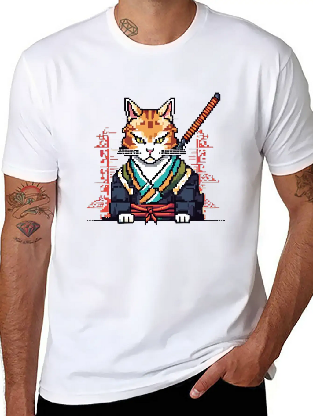 Feline Samurai Pixel Art Unisex Casual T-Shirt – Clean Design For Daily Comfort