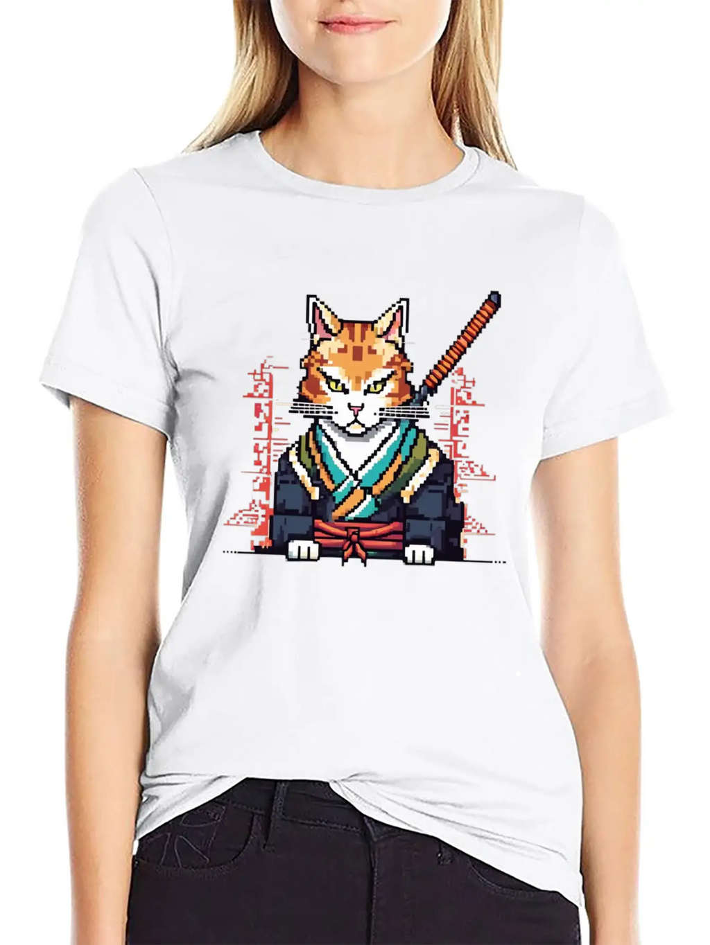 Feline Samurai Pixel Art Unisex Casual T-Shirt – Clean Design For Daily Comfort