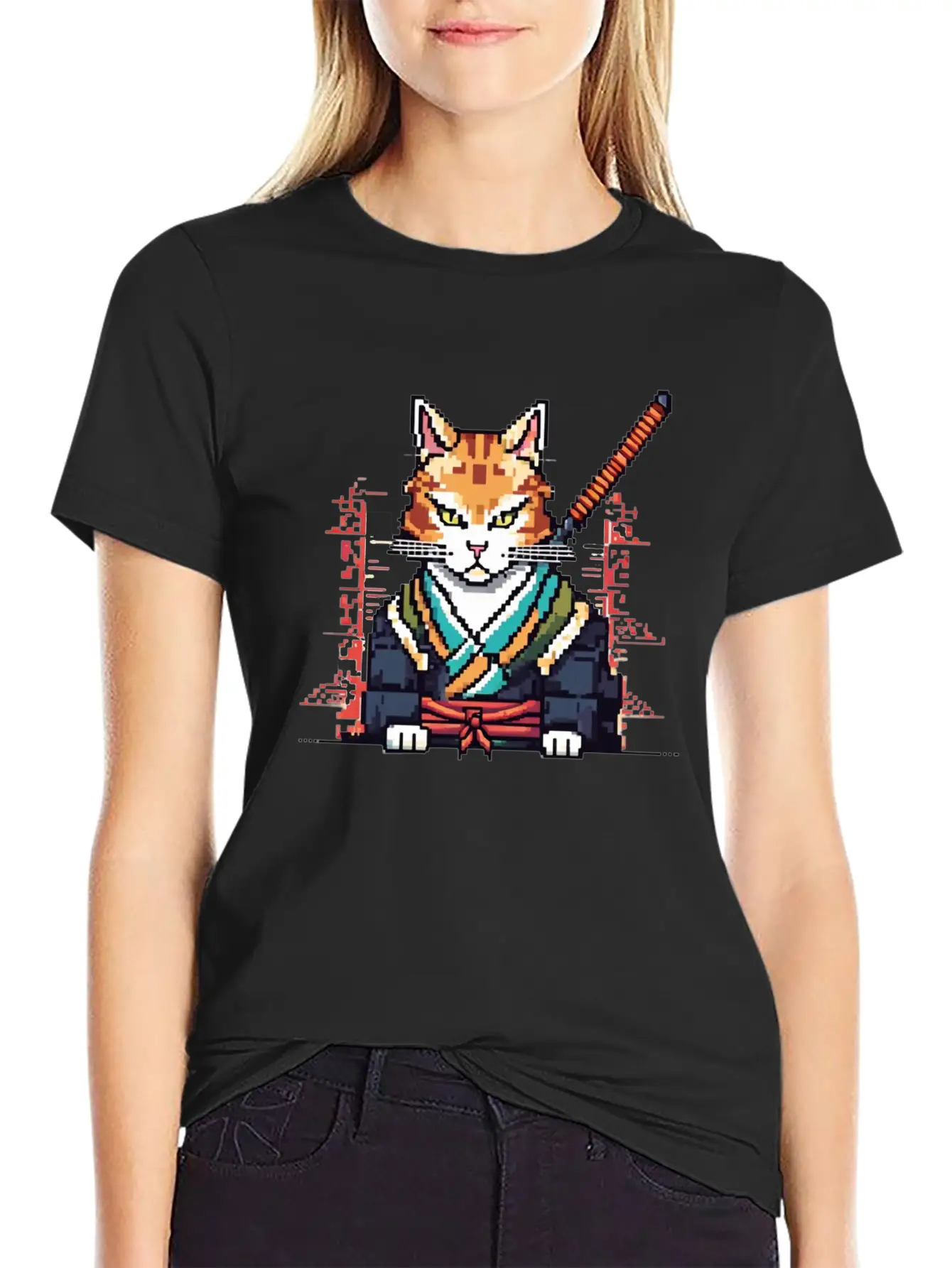 Feline Samurai Pixel Art Unisex Casual T-Shirt – Clean Design For Daily Comfort