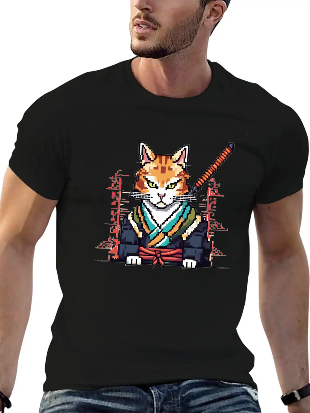Feline Samurai Pixel Art Unisex Casual T-Shirt – Clean Design For Daily Comfort