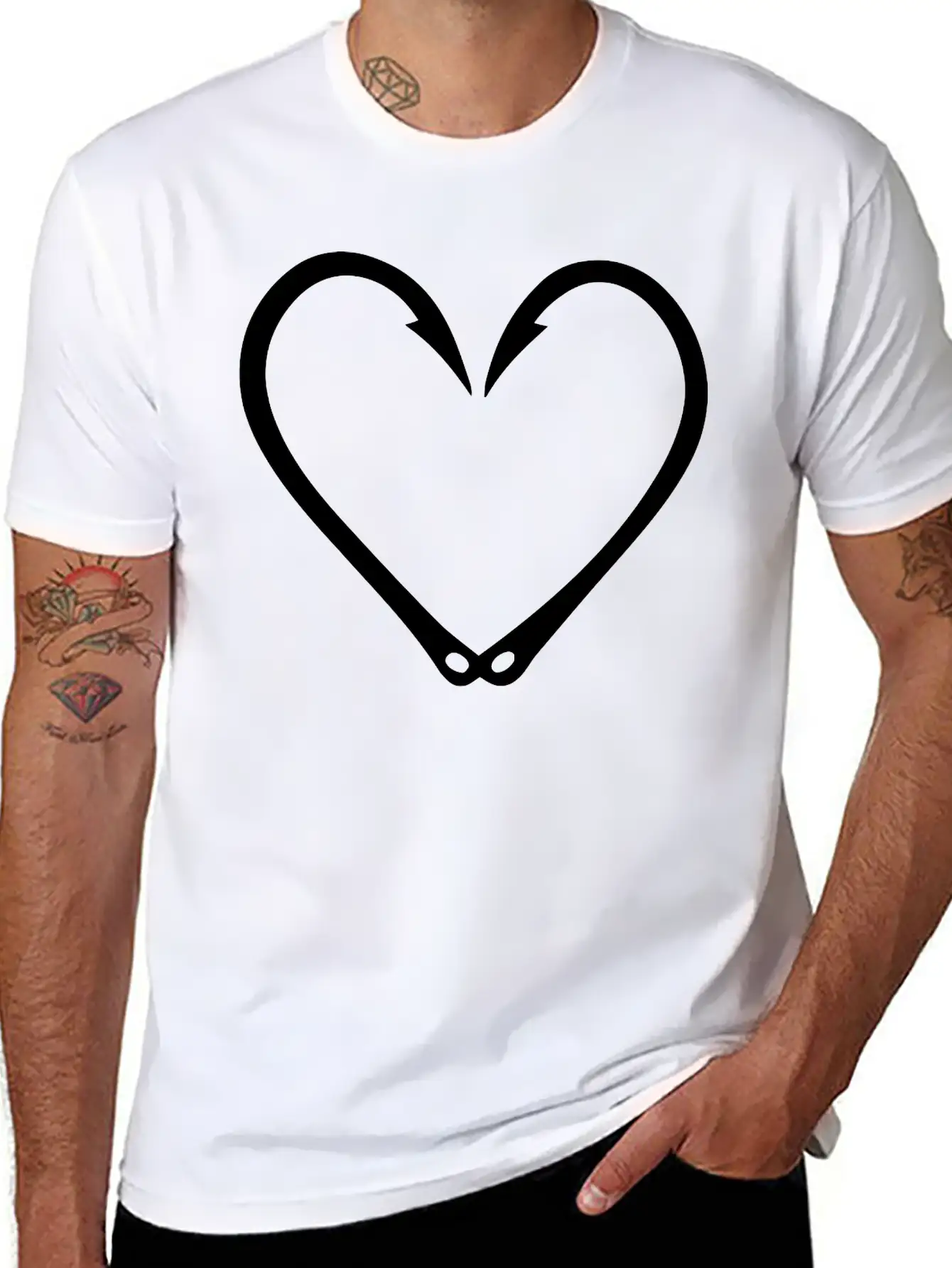 Fish Hooks Heart Unisex Short Sleeve Soft Cotton T-Shirt – Casual Everyday Wear