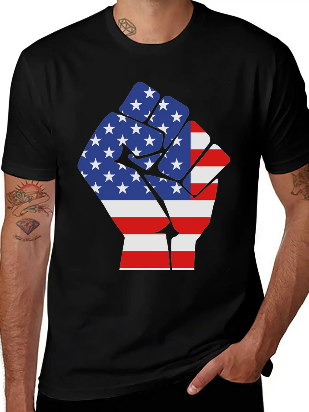 Fist With Flag Of The USA (variable Colors!) Stylish Everyday T-Shirt – Unisex Basic Cotton Tee